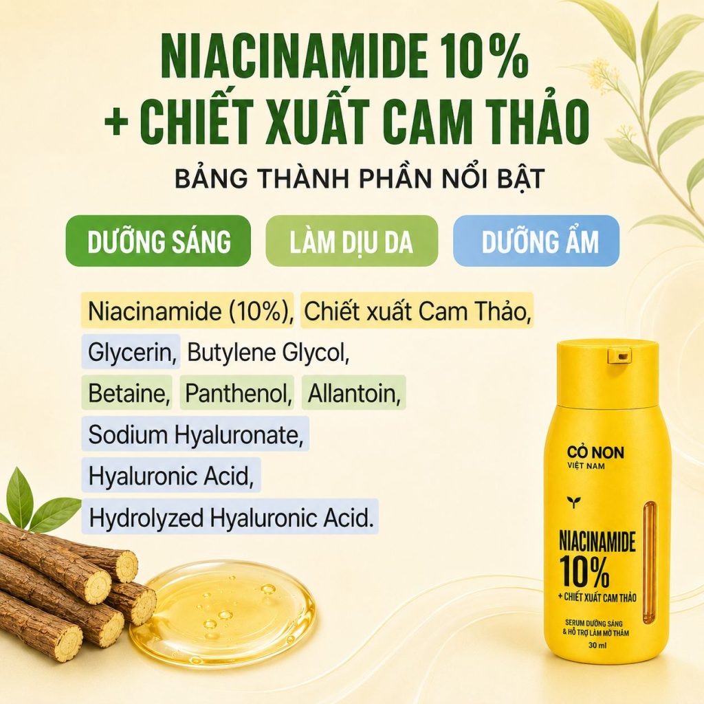 Niacinamide 10% Chiết xuất Cam Thảo Cỏ Non Việt Nam